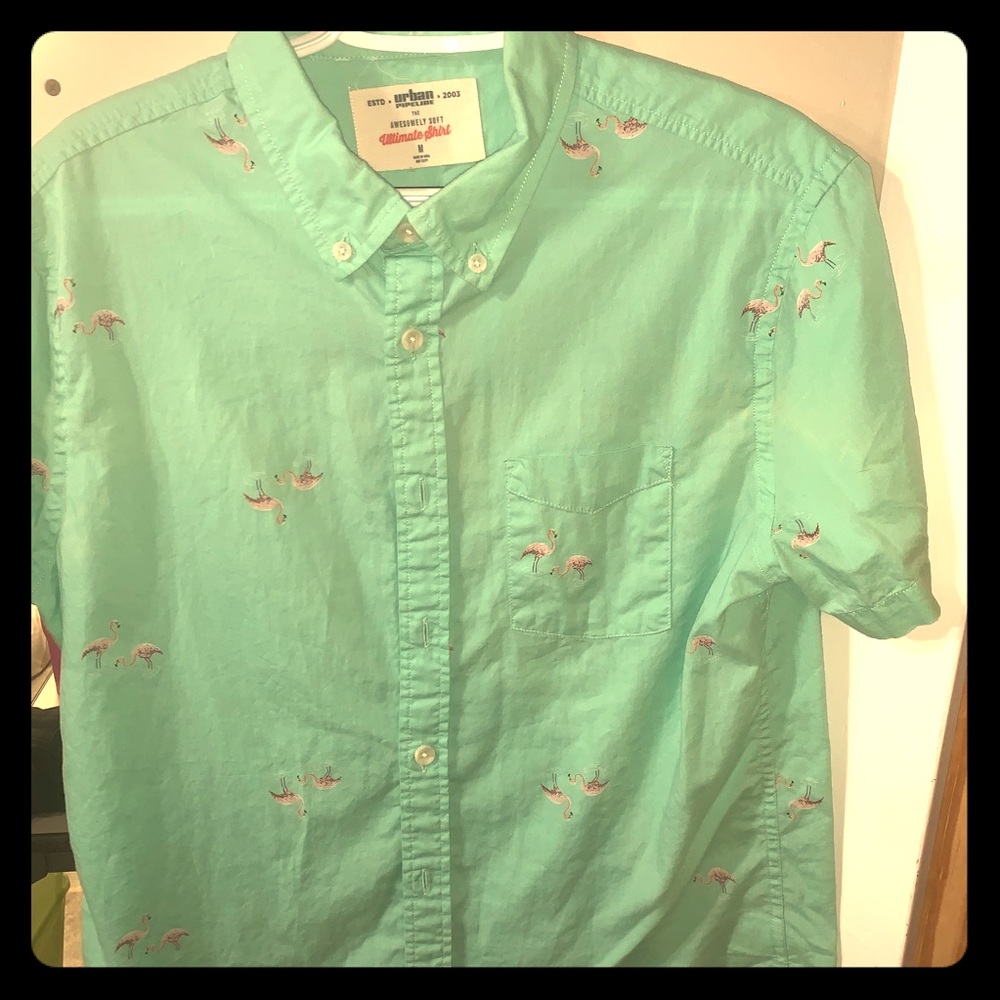 Urban pipeline and green button down with flamingo